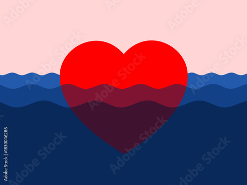 Decline, fade and deterioration of love, romance and partnership. Love relationship and struggle and problem symbolized by sinking and drowning red heart. Breakup and divorce. Vector illustration.