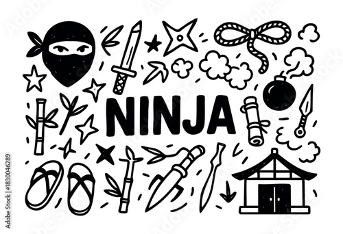 Ninja doodle illustration — warrior, weapons, and other Japanese martial arts elements — stock vector.