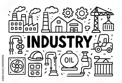 Industry doodle illustration — factory, crane, and other manufacturing elements — stock vector.
