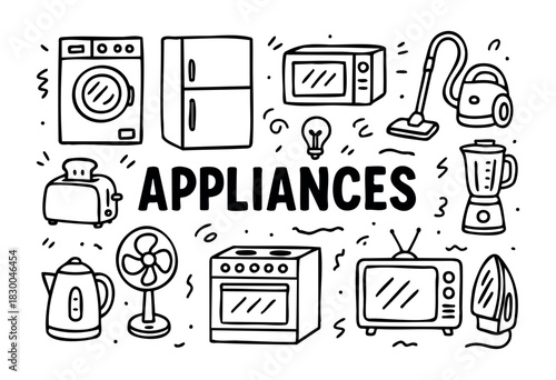 Home appliances doodle illustration — refrigerator, washing machine, and other household electronics — stock vector.