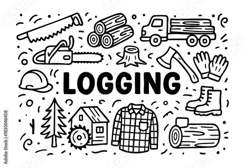 Logging doodle illustration — chainsaw, axe, and other lumberjack and forestry equipment — stock vector.