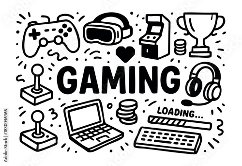Gaming doodle illustration — controller, console, and other video game and esports equipment — stock vector.