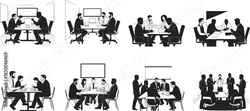 Business meeting silhouette set, office teamwork discussion icons, professional collaboration vector bundle, graphic workplace communication design 