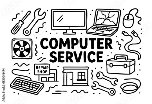 Computer service doodle illustration — repair shop, tools, and IT support elements — stock vector.