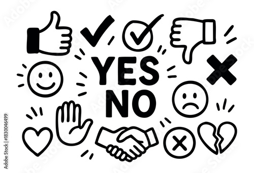 Yes/No doodle illustration — feedback, rating, and decision-making symbols — stock vector.