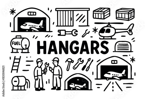 Hangar doodle icons — airplane, helicopter, fuel tank, and tools — stock vector.