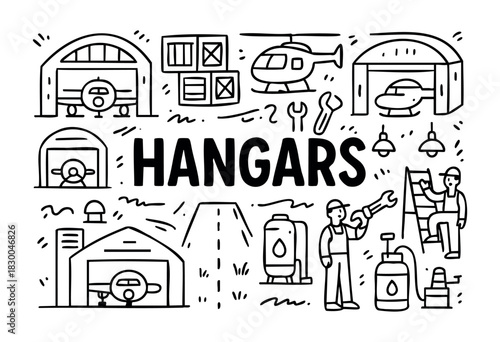 Hangar doodle icons — airplane, helicopter, fuel tank, and tools — stock vector.
