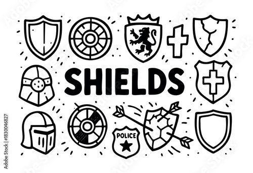 Shield doodle icons — knight shields, police badge, and armor — stock vector.