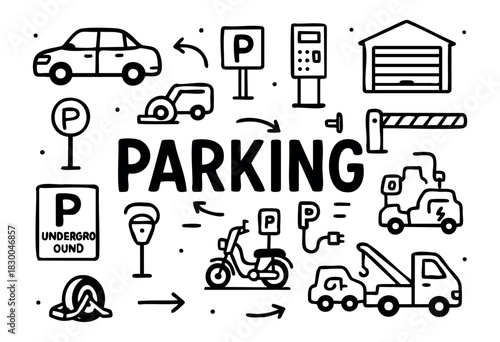 Parking doodle icons — car, garage, sign, and tow truck — stock vector.