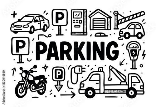 Parking doodle icons — car, garage, sign, and tow truck — stock vector.