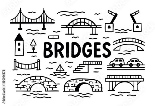 Bridge doodle icons — suspension bridge, stone arch, and overpass — stock vector.
