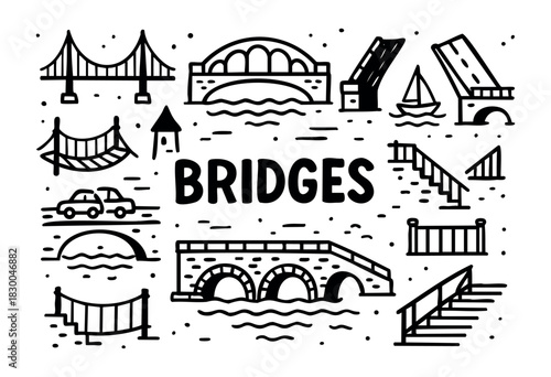 Bridge doodle icons — suspension bridge, stone arch, and overpass — stock vector.