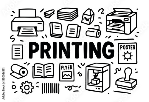 Printing doodle icons — printer, ink, paper, and 3D printing — stock vector.