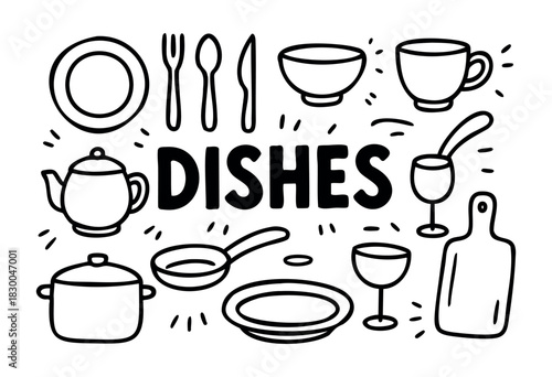 Dishes doodle icons — plates, cups, teapot, and pan — stock vector.
