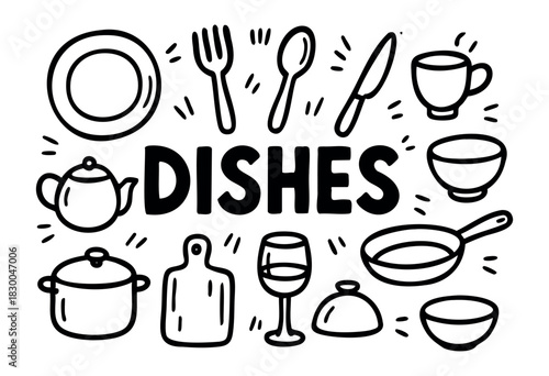 Dishes doodle icons — plates, cups, teapot, and pan — stock vector.