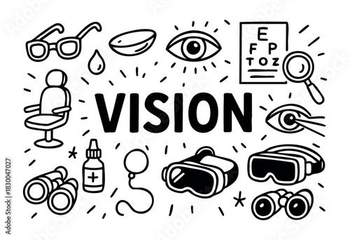 Vision doodle icons — eye, glasses, lenses, and VR headset — stock vector.