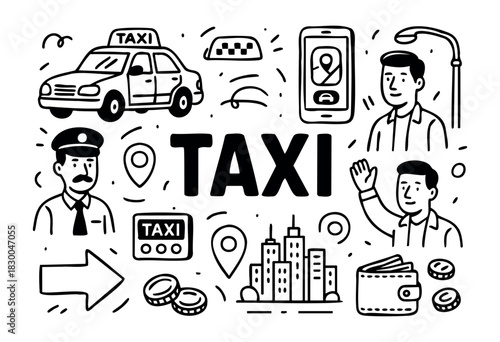 Taxi doodle icons — car, driver, passenger, and city map — stock vector.