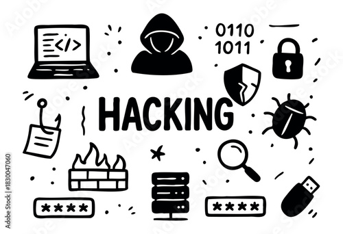 Hacking doodle icons — hacker, bug, firewall, and code — stock vector.