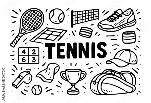 Tennis doodle icons — racket, ball, court, and trophy — stock vector.