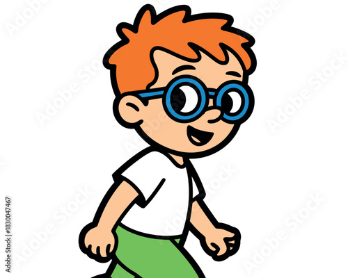 A cheerful cartoon boy with glasses and red hair smiles while walking.