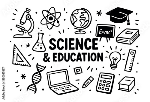 Minimalist science and education icons — microscope, globe, and DNA — stock vector.