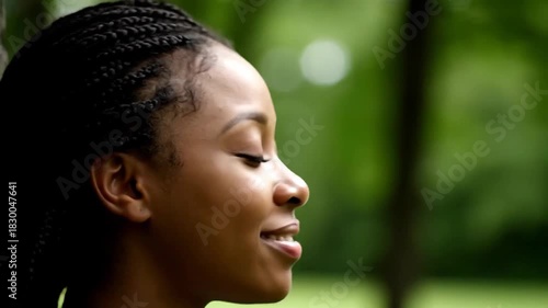 Close up Profile of a Young Black Woman with Braids Smiling Looking Upwards With Natural Green Forest Bokeh Background Soft Sunlight Illuminating Her Face Peaceful Serene Expression Outdoor