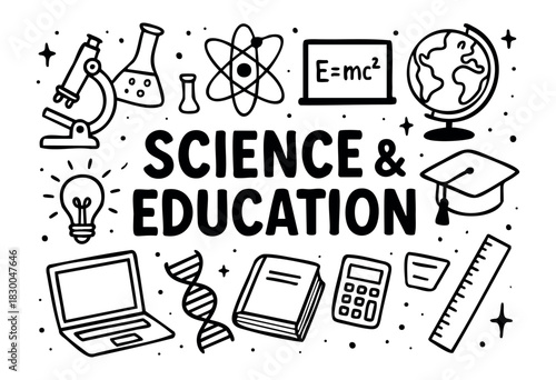 Minimalist science and education icons — microscope, globe, and DNA — stock vector.