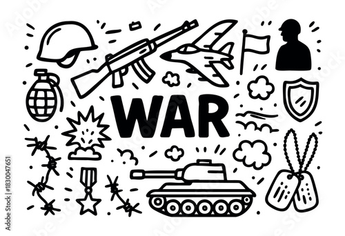 Minimalist war and military icons — tank, helmet, and grenade — stock vector.