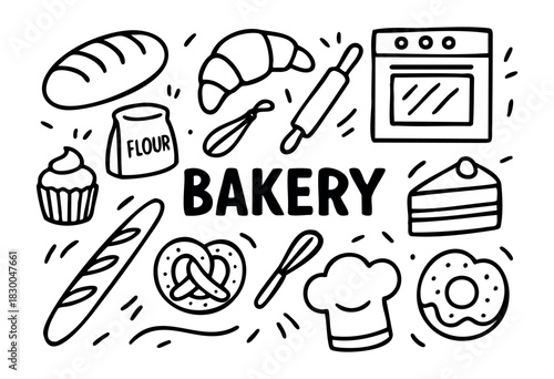 Minimalist bakery and pastry icons — bread, cake, and croissant — stock vector.