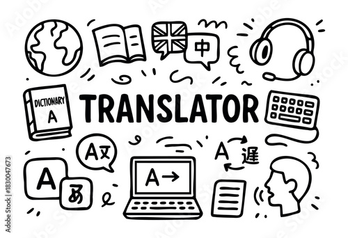 Minimalist translation and language icons — book, globe, and headset — stock vector.