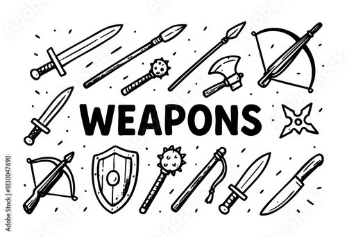 Minimalist medieval and cold weapons icons — sword, axe, and bow — stock vector.