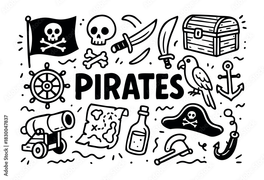 Fototapeta premium Pirate doodle icons — treasure chest, flag, and parrot — stock vector.