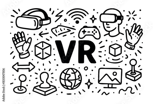 Virtual reality doodle icons — headset, controller, and globe — stock vector.