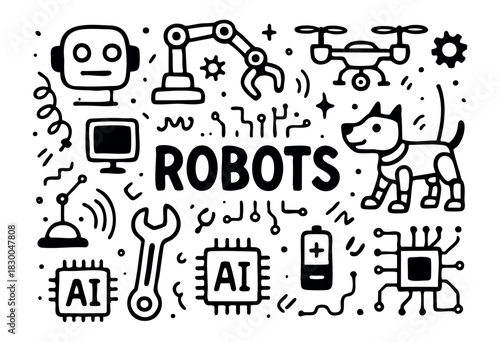 Robotics doodle icons — robot, AI chip, robotic arm, and drone — stock vector.