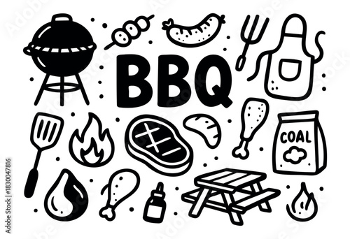 BBQ doodle icons — grill, meat, apron, and coal bag — stock vector.