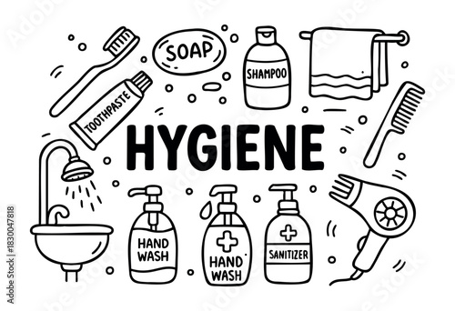 Hygiene essentials doodle icons — soap, toothpaste, and sanitizer — stock vector.