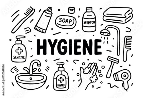 Hygiene essentials doodle icons — soap, toothpaste, and sanitizer — stock vector.
