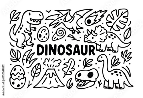 Dinosaur doodle icons — T-rex, volcano, and fossil — stock vector.