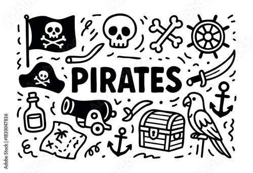 Pirate doodle icons — treasure chest, flag, and parrot — stock vector.