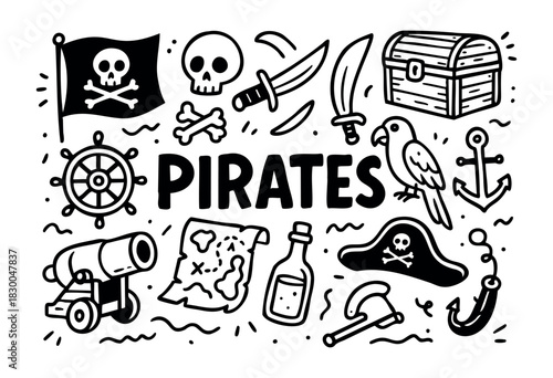 Pirate doodle icons — treasure chest, flag, and parrot — stock vector.