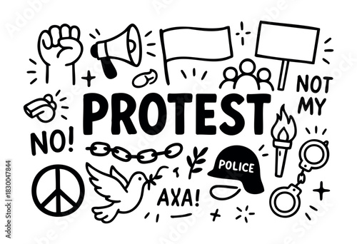 Protest doodle icons — megaphone, signs, and peace symbol — stock vector.