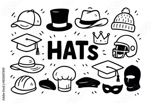 Hat doodle icons — crown, helmet, and graduation cap — stock vector.