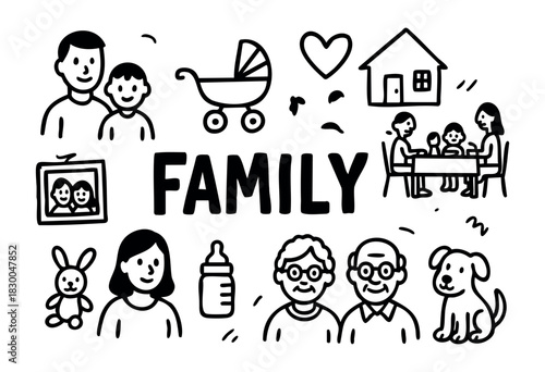 Family doodle icons — parents, grandparents, and children — stock vector.