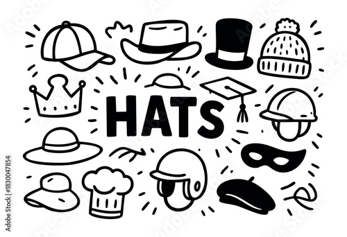 Hat doodle icons — crown, helmet, and graduation cap — stock vector.