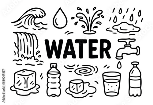 Water doodle icons — wave, drop, splash, waterfall, bottle, faucet — stock vector.