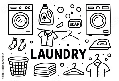 Laundry and cleaning doodle icons — washing machine, detergent, iron, clothes — stock vector.