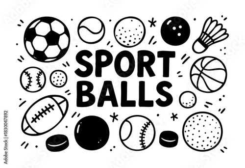 Various sport balls doodle icons — soccer, basketball, tennis, football — stock vector.