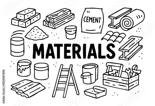 Construction and building materials doodle icons — bricks, wood, cement, paint — stock vector.