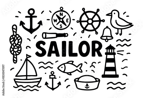 Nautical and sailor doodle icons — anchor, ship, lighthouse, compass — stock vector.