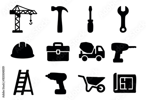 Construction and building solid icons — crane, hammer, drill, hard hat, concrete mixer — stock vector.